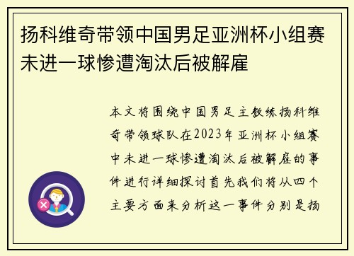 扬科维奇带领中国男足亚洲杯小组赛未进一球惨遭淘汰后被解雇