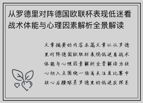 从罗德里对阵德国欧联杯表现低迷看战术体能与心理因素解析全景解读